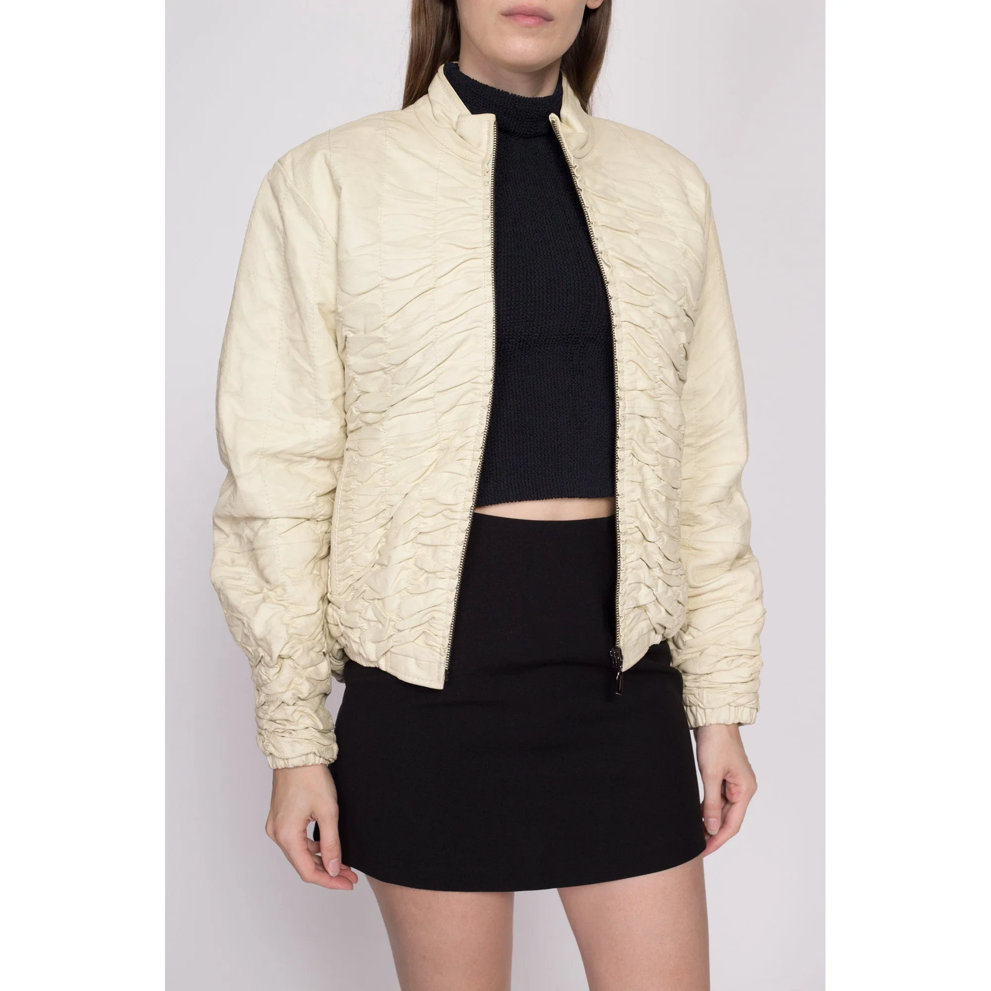 90s Ruched Cream Leather Jacket - Large