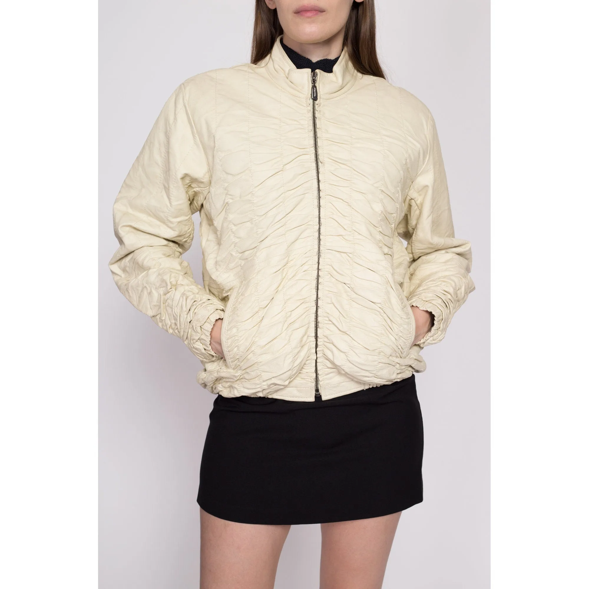 90s Ruched Cream Leather Jacket - Large