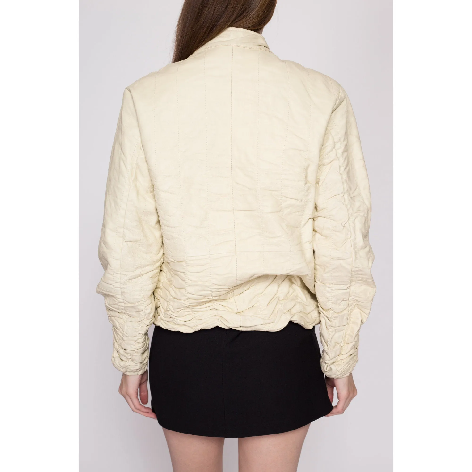 90s Ruched Cream Leather Jacket - Large