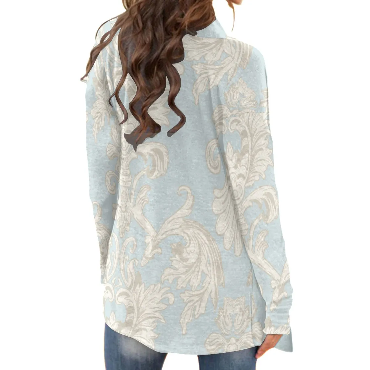 All-Over Print Women's Cardigan With Long Sleeve68 light blue with flower print