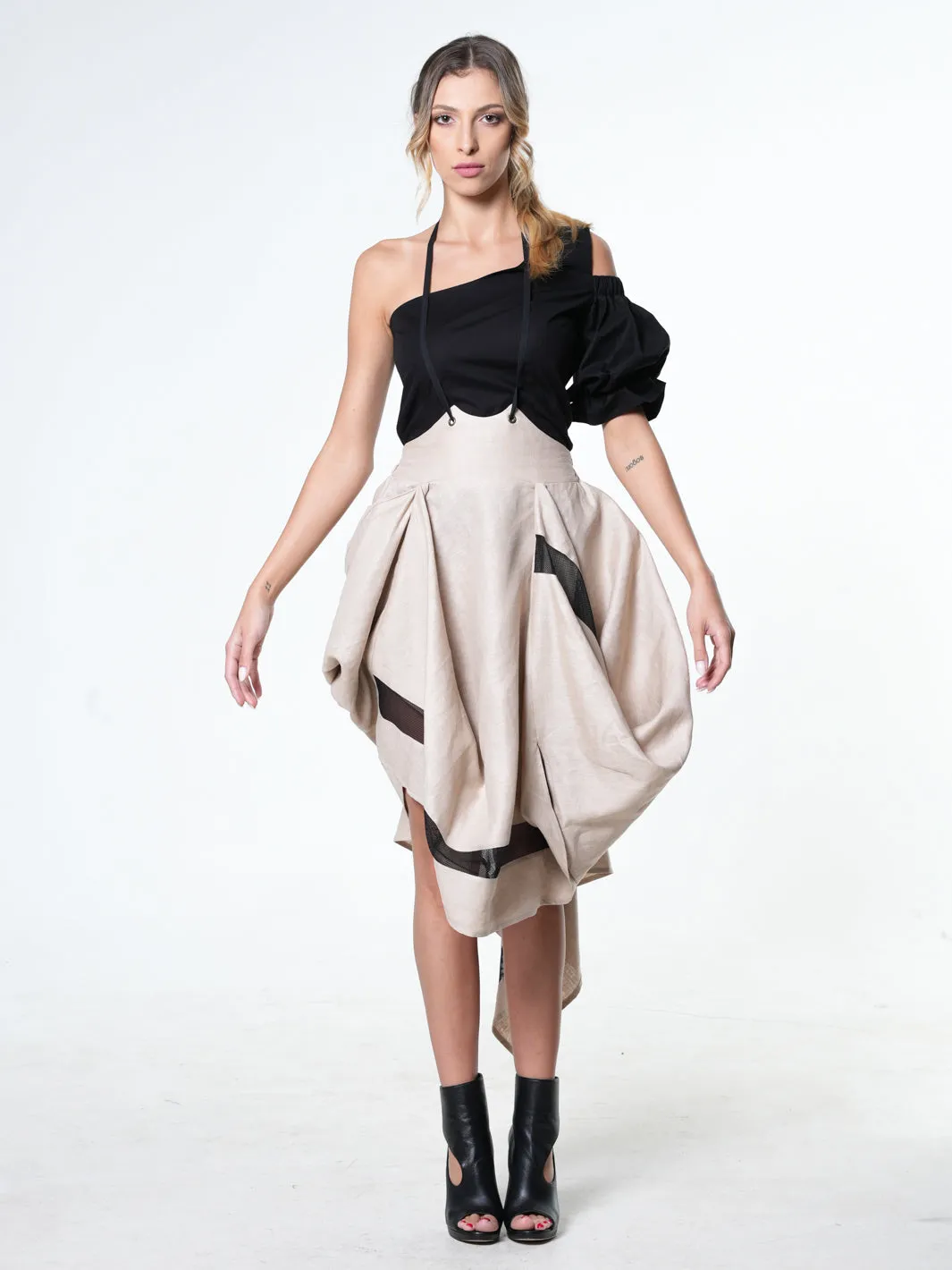 Avant Garde Linen Skirt With Ties In Beige