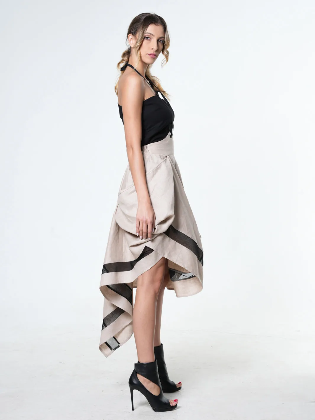 Avant Garde Linen Skirt With Ties In Beige