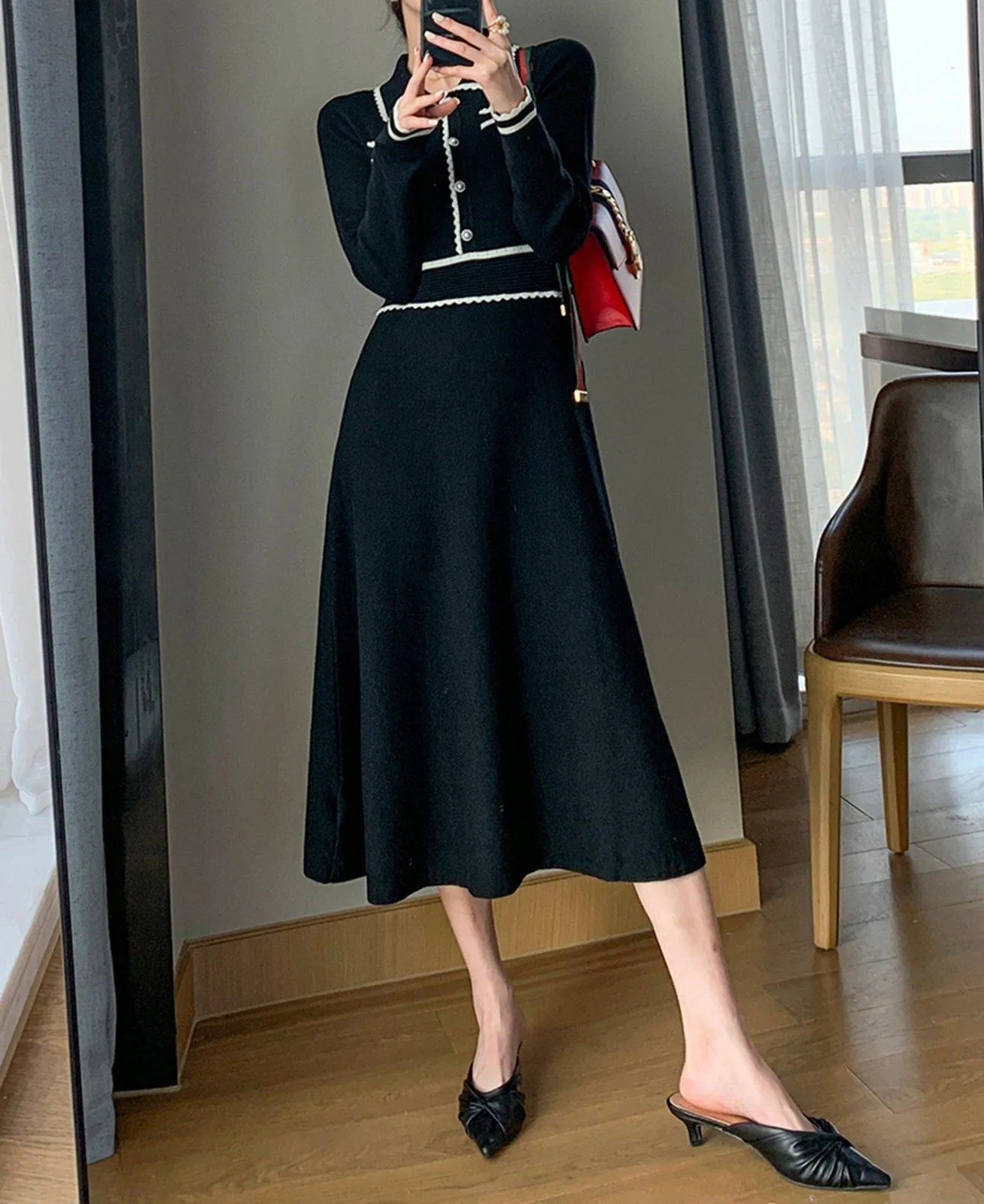 Black Knit Long Sleeve Midi Dress