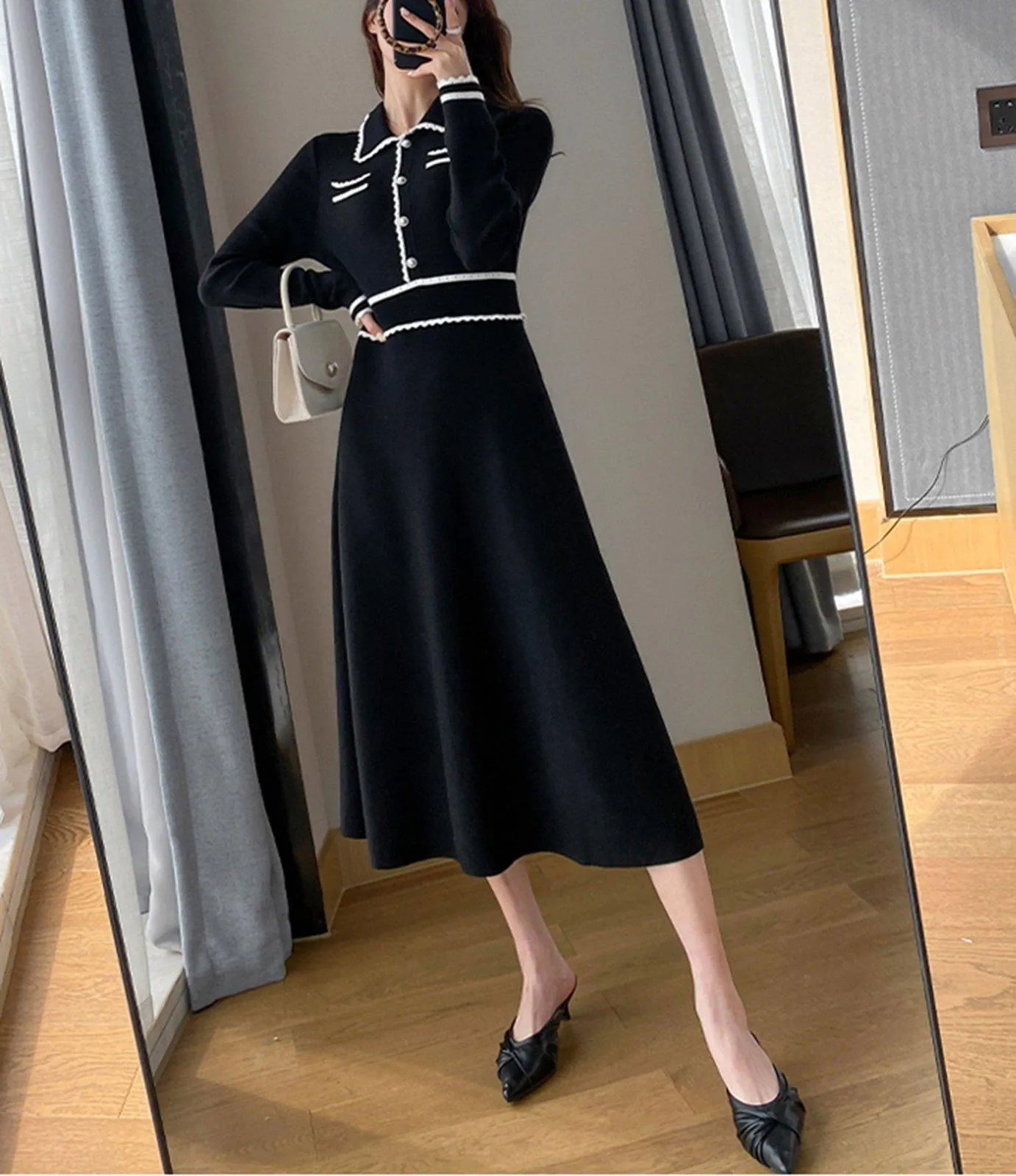 Black Knit Long Sleeve Midi Dress