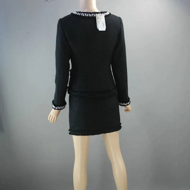 Black Tweed Blazer Coat Custom Made For Women With Pearl Design