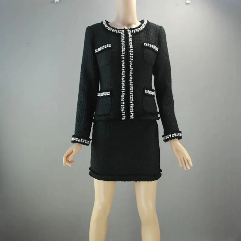 Black Tweed Blazer Coat Custom Made For Women With Pearl Design