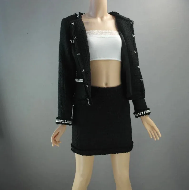 Black Tweed Blazer Coat Custom Made For Women With Pearl Design