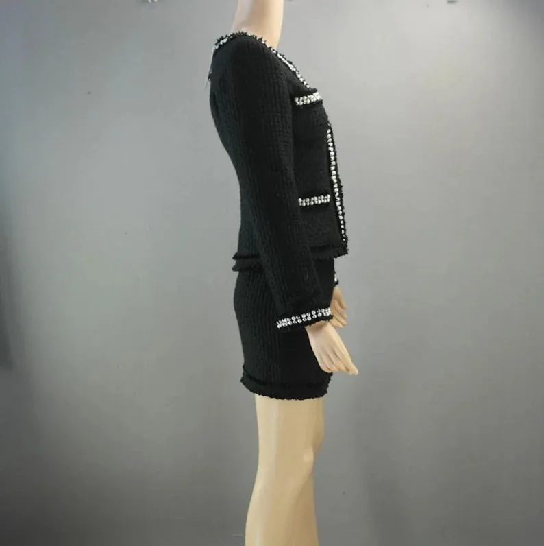 Black Tweed Blazer Coat Custom Made For Women With Pearl Design