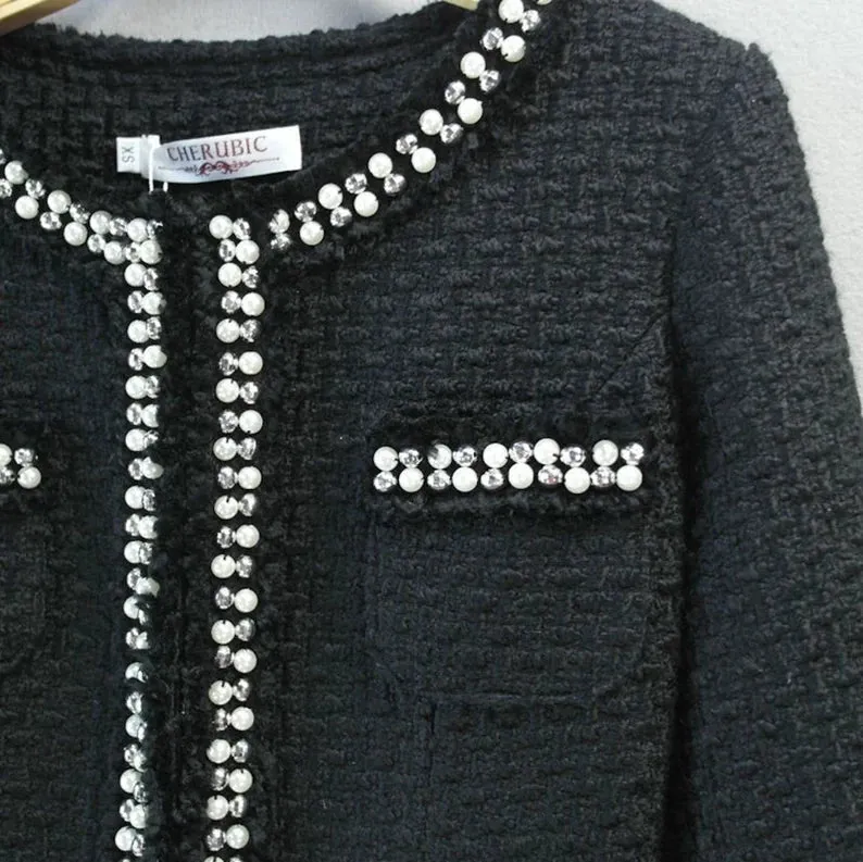 Black Tweed Blazer Coat Custom Made For Women With Pearl Design