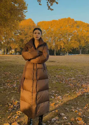 Brown Qulited Cotton Blend Puffy Maxi Coat