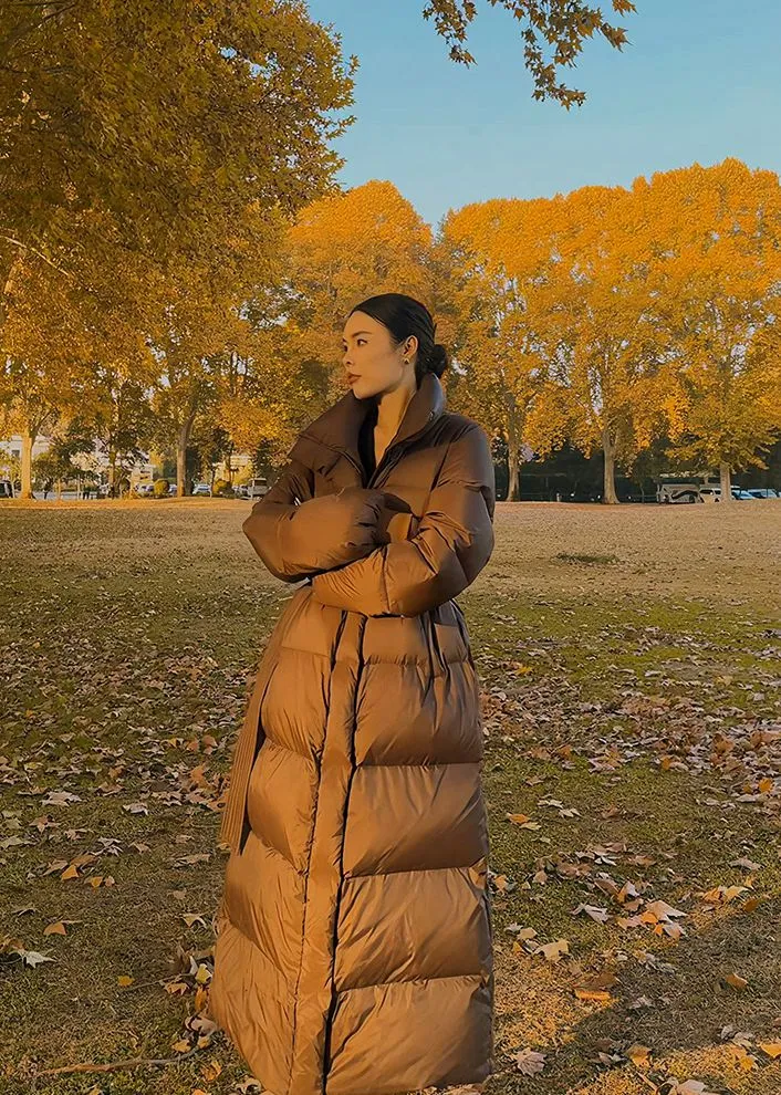 Brown Qulited Cotton Blend Puffy Maxi Coat