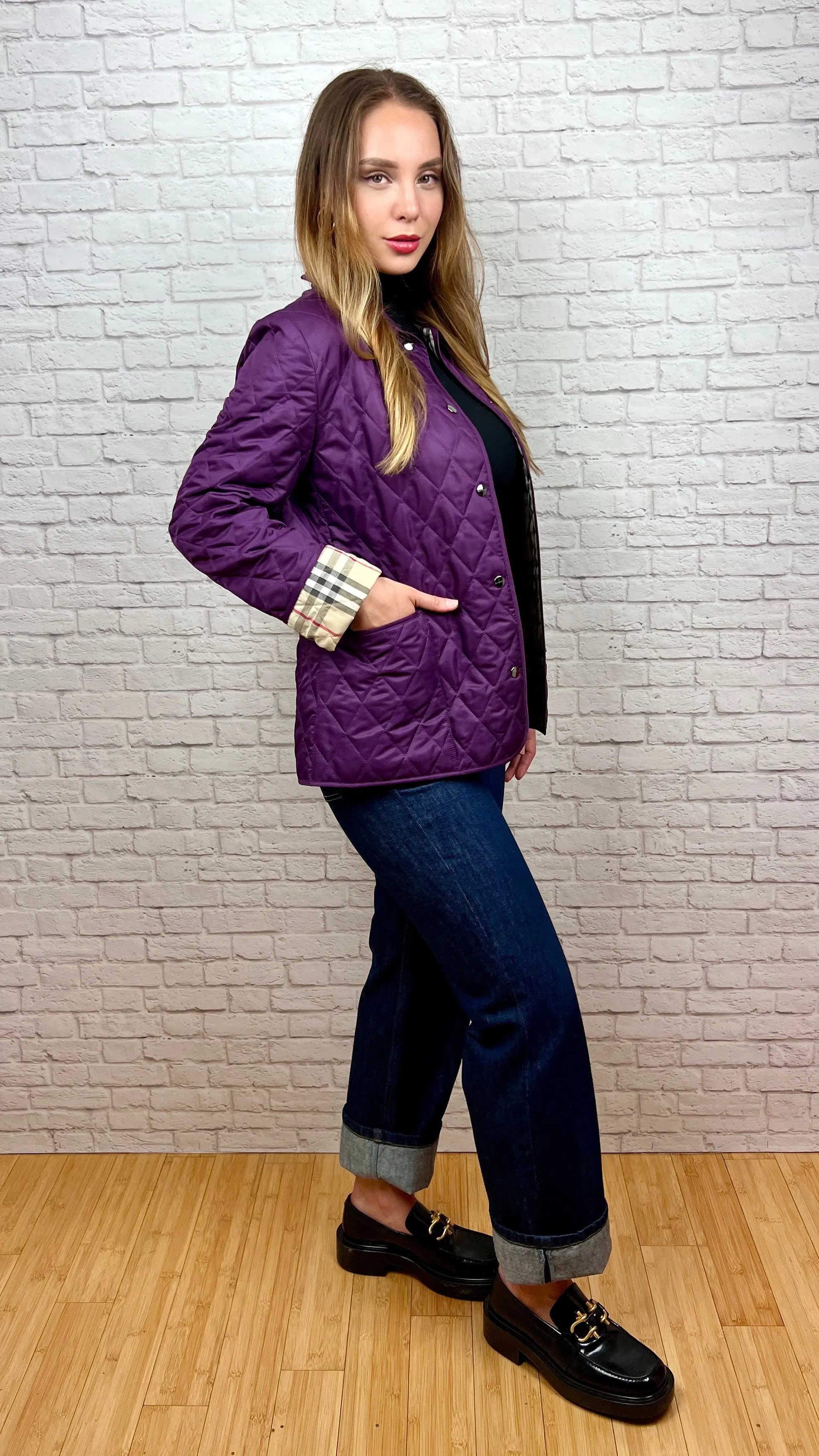 BURBERRY Quilted Shell Jacket, Size Small, Purple