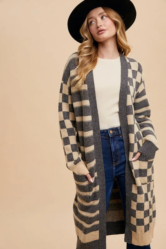 Charlize Checkerboard Midi Long Cardigan