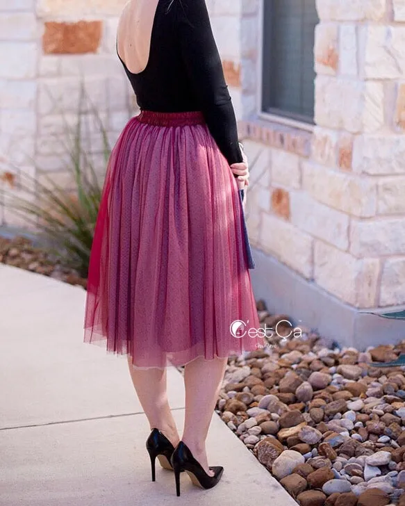 Corinne Ombre Burgundy Soft Tulle Skirt - Below Knee