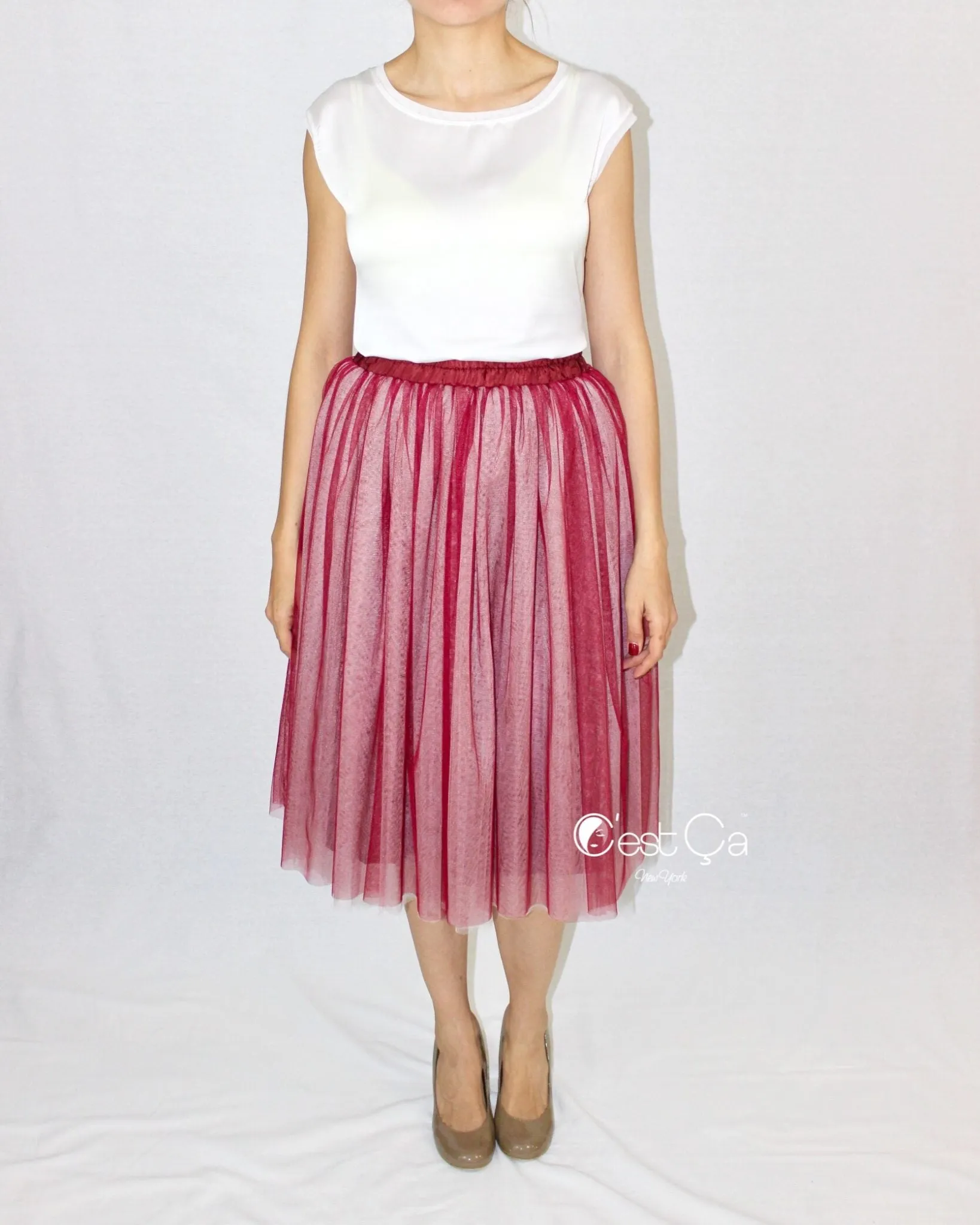 Corinne Ombre Burgundy Soft Tulle Skirt - Below Knee