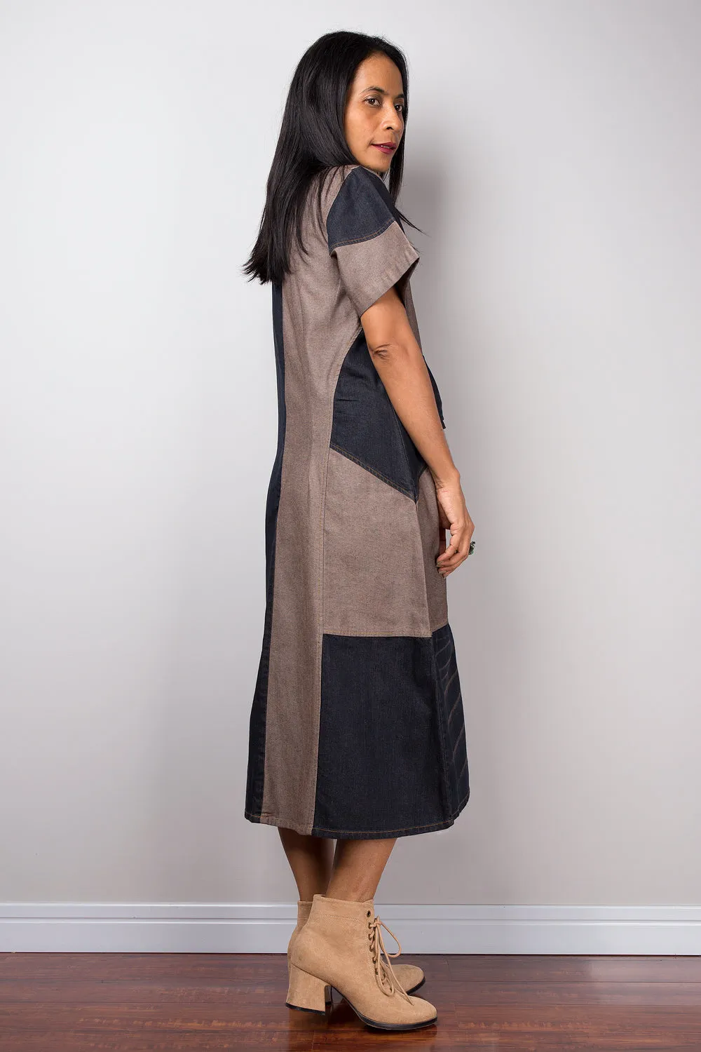 Denim dress, Mid length Dress, Stonewashed denim dress, Short sleeve denim dress