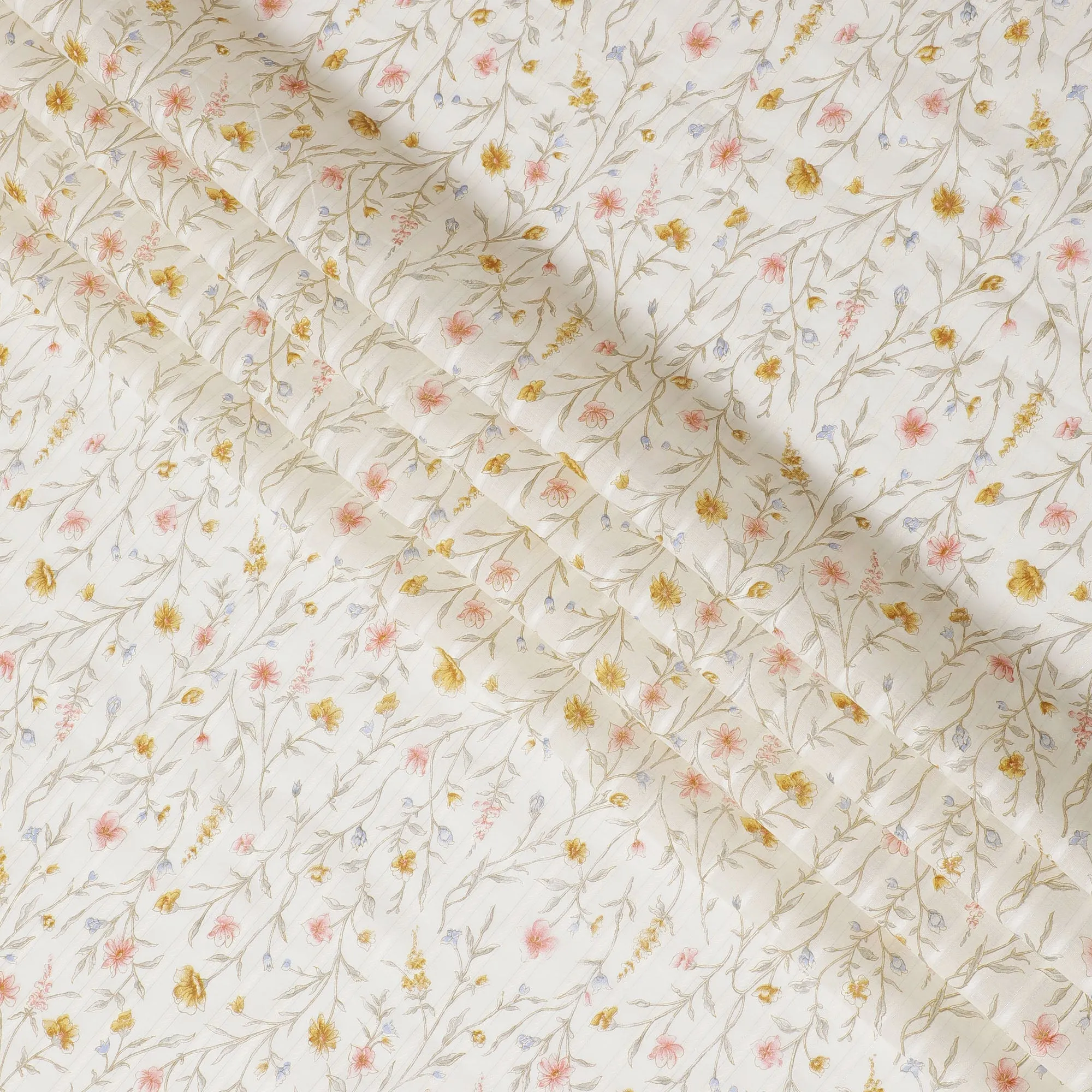 Elegant Ivory Cotton Voile Fabric with Gold and Pink Botanical Print, 110 cm Wide - Refined Indian Textile-D18990