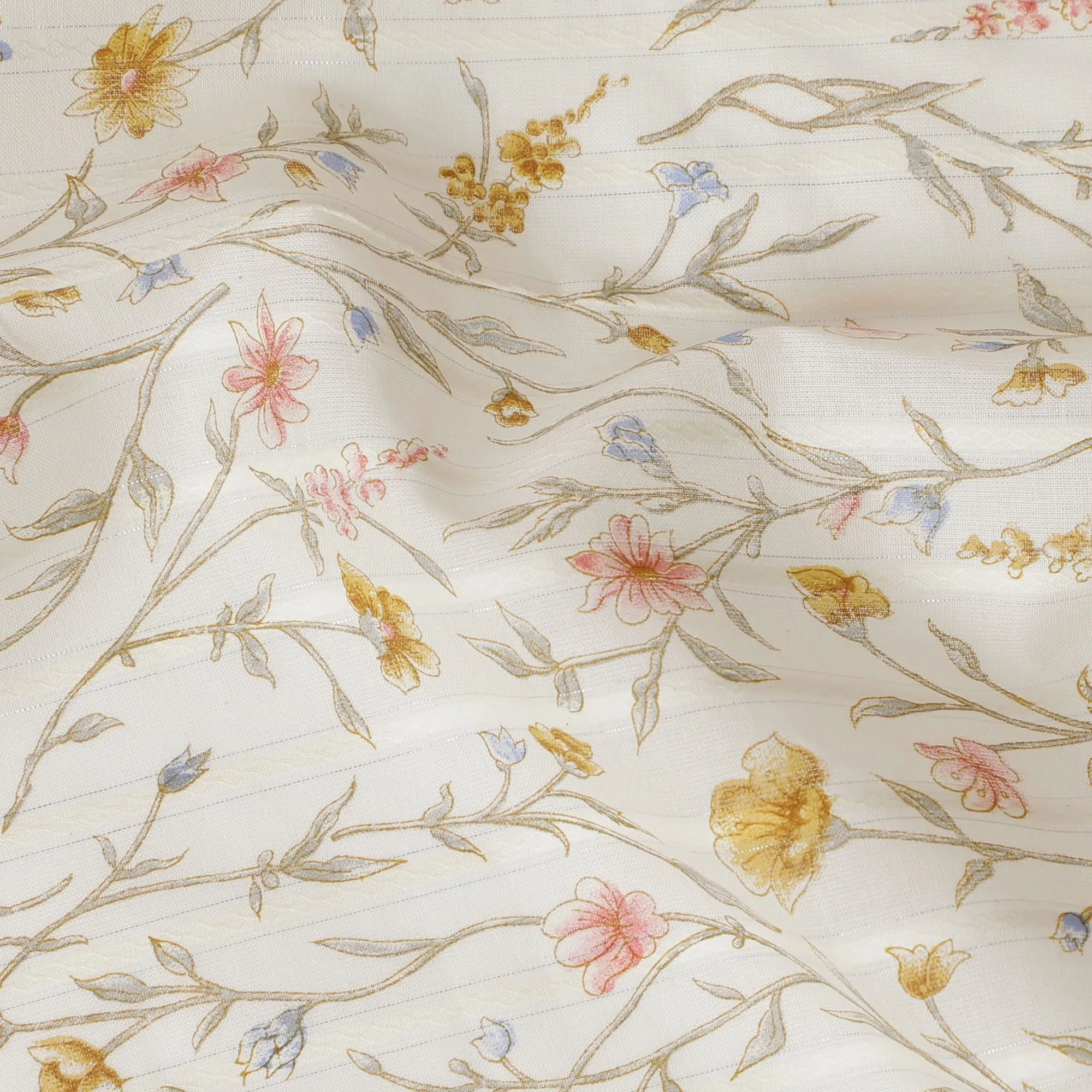 Elegant Ivory Cotton Voile Fabric with Gold and Pink Botanical Print, 110 cm Wide - Refined Indian Textile-D18990