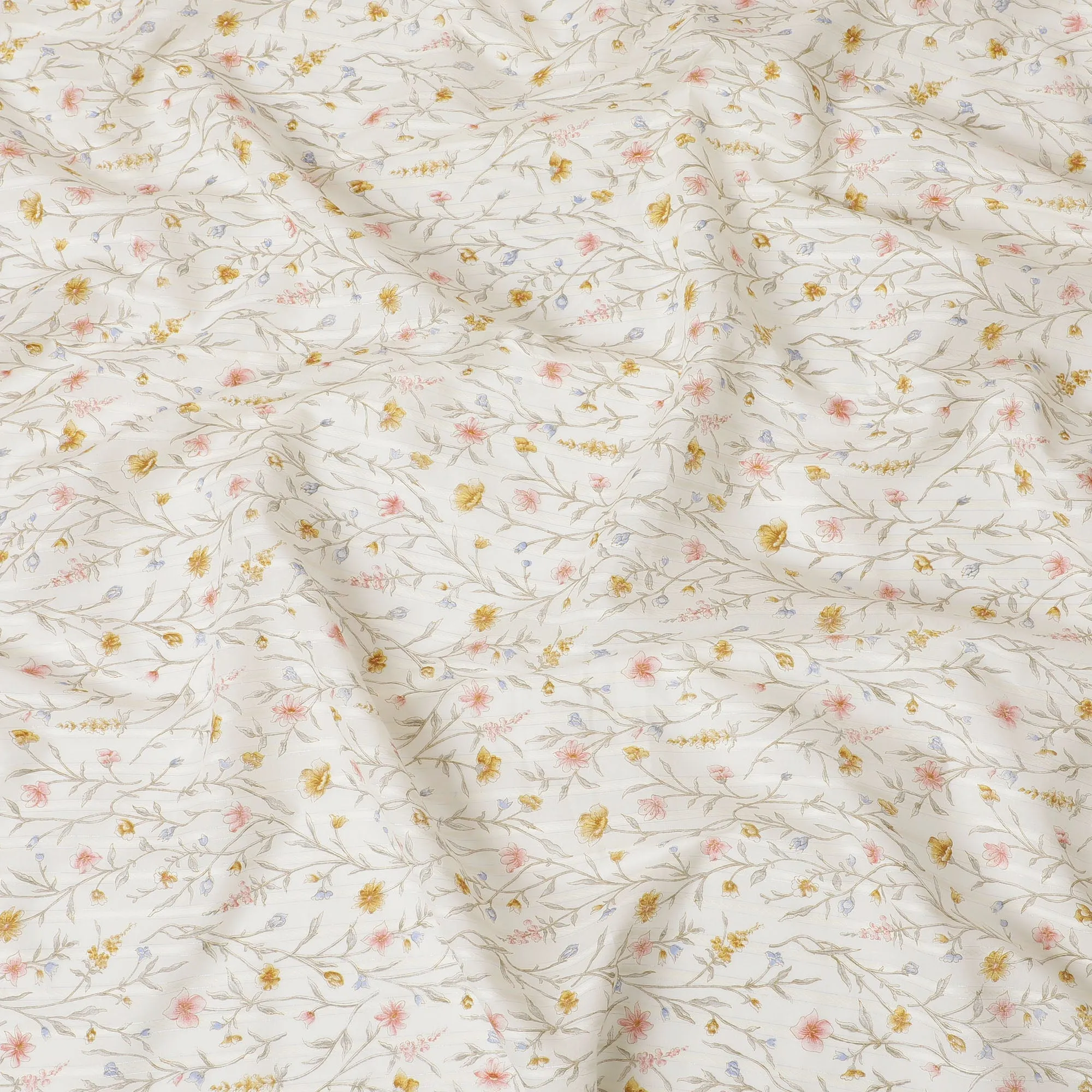 Elegant Ivory Cotton Voile Fabric with Gold and Pink Botanical Print, 110 cm Wide - Refined Indian Textile-D18990