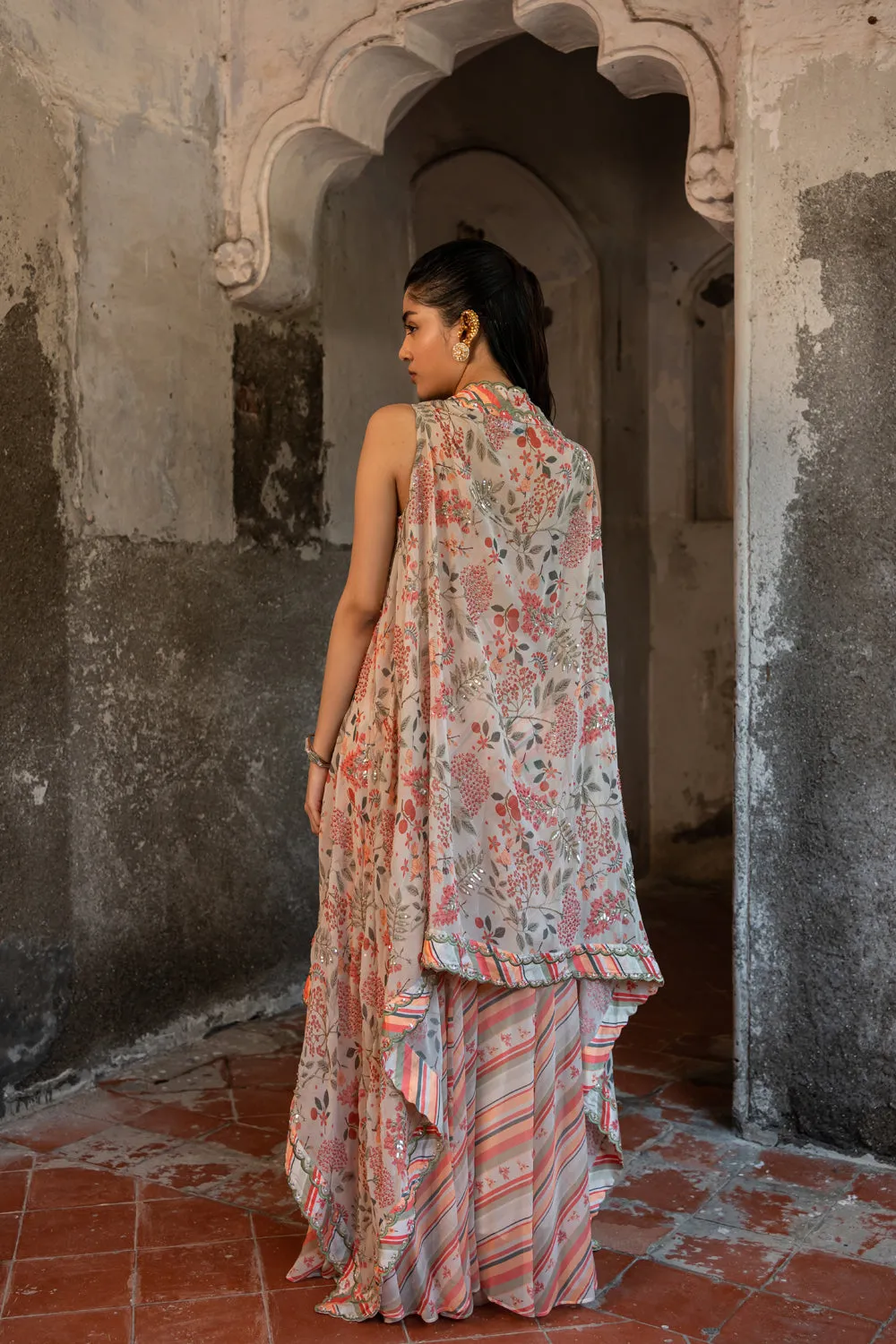 Floral Printed Hand Embroidered Cape Set