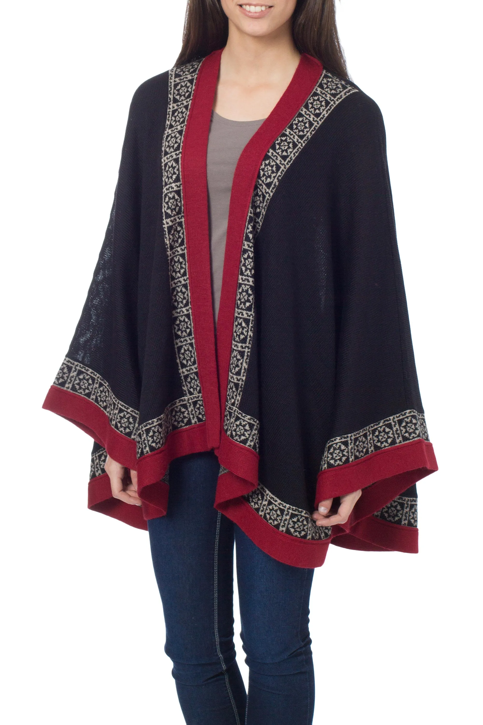 Genuine Alpaca Kimono-style Cape in Black and Red from Peru - Baroque Andes | NOVICA