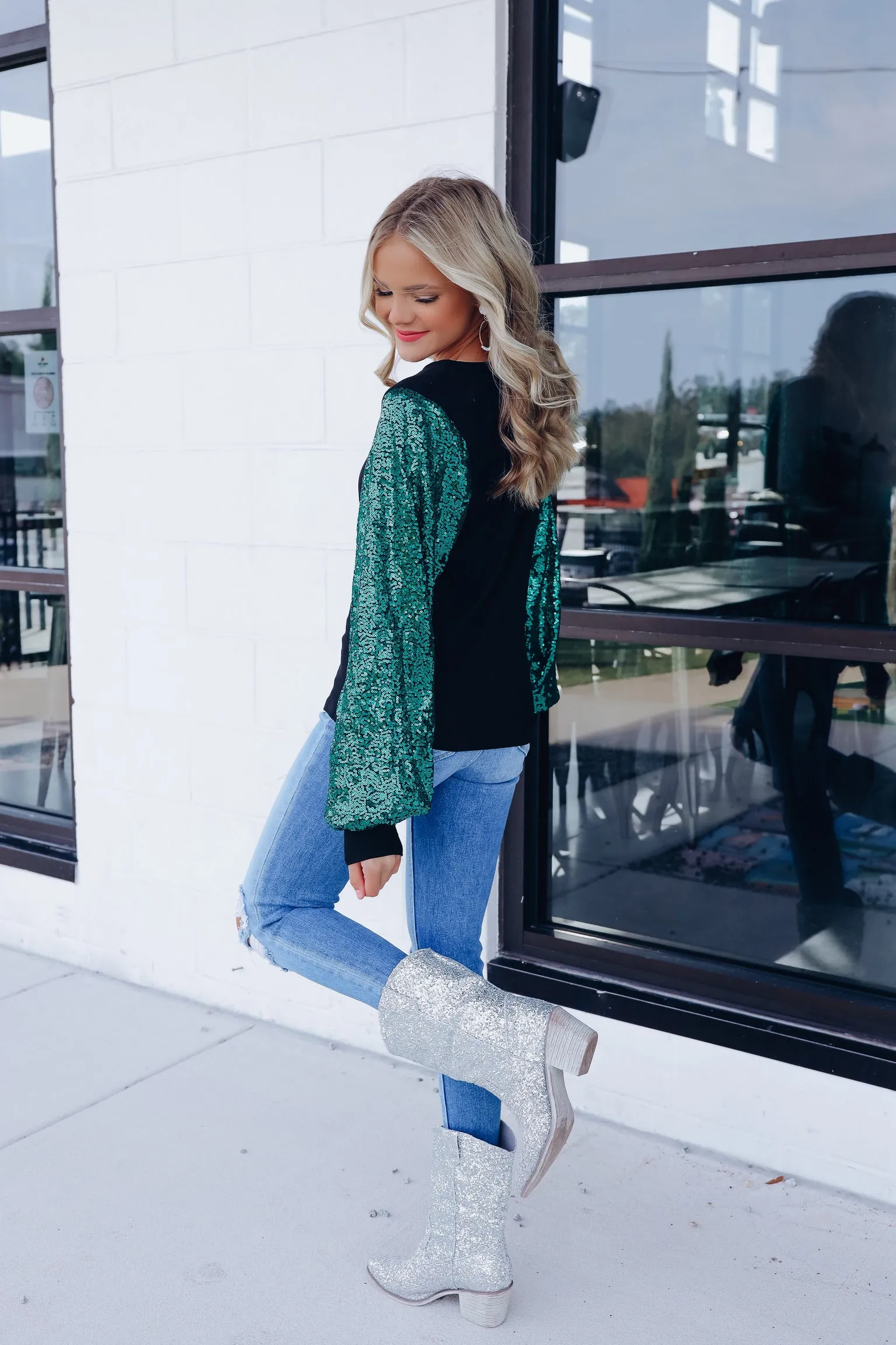 Glitzy Shimmering Sequin Sleeve Top - Teal