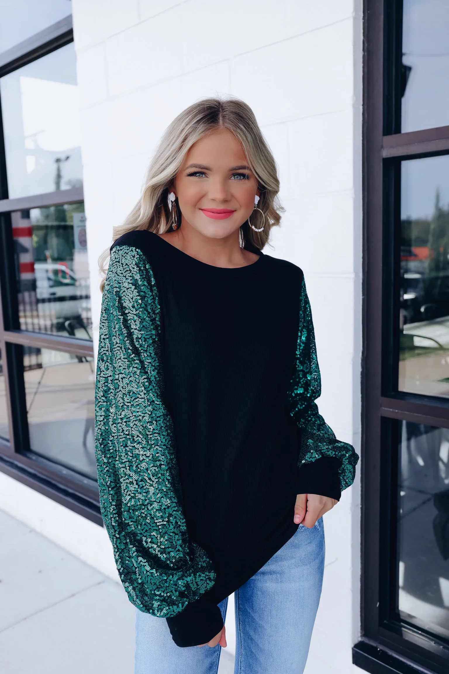 Glitzy Shimmering Sequin Sleeve Top - Teal