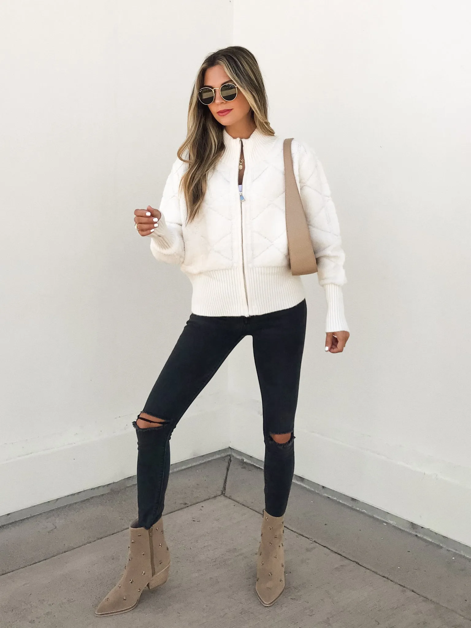 Harlow Knit Zip up Jacket in Ivory