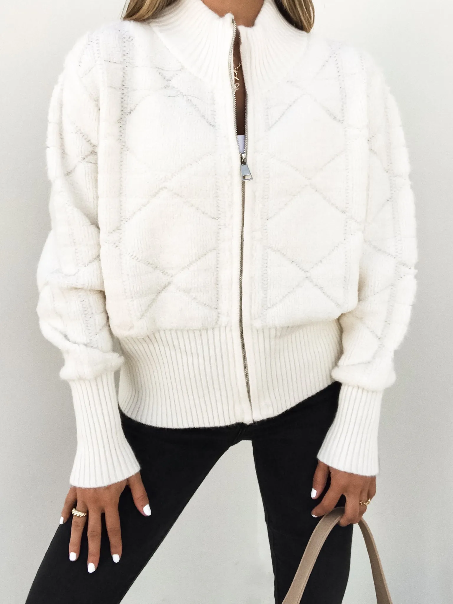 Harlow Knit Zip up Jacket in Ivory