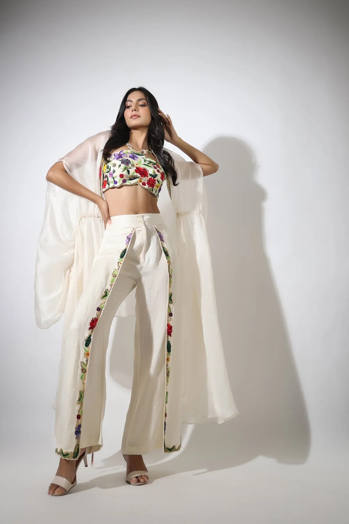 Haseena ivory cape & flutter pants set