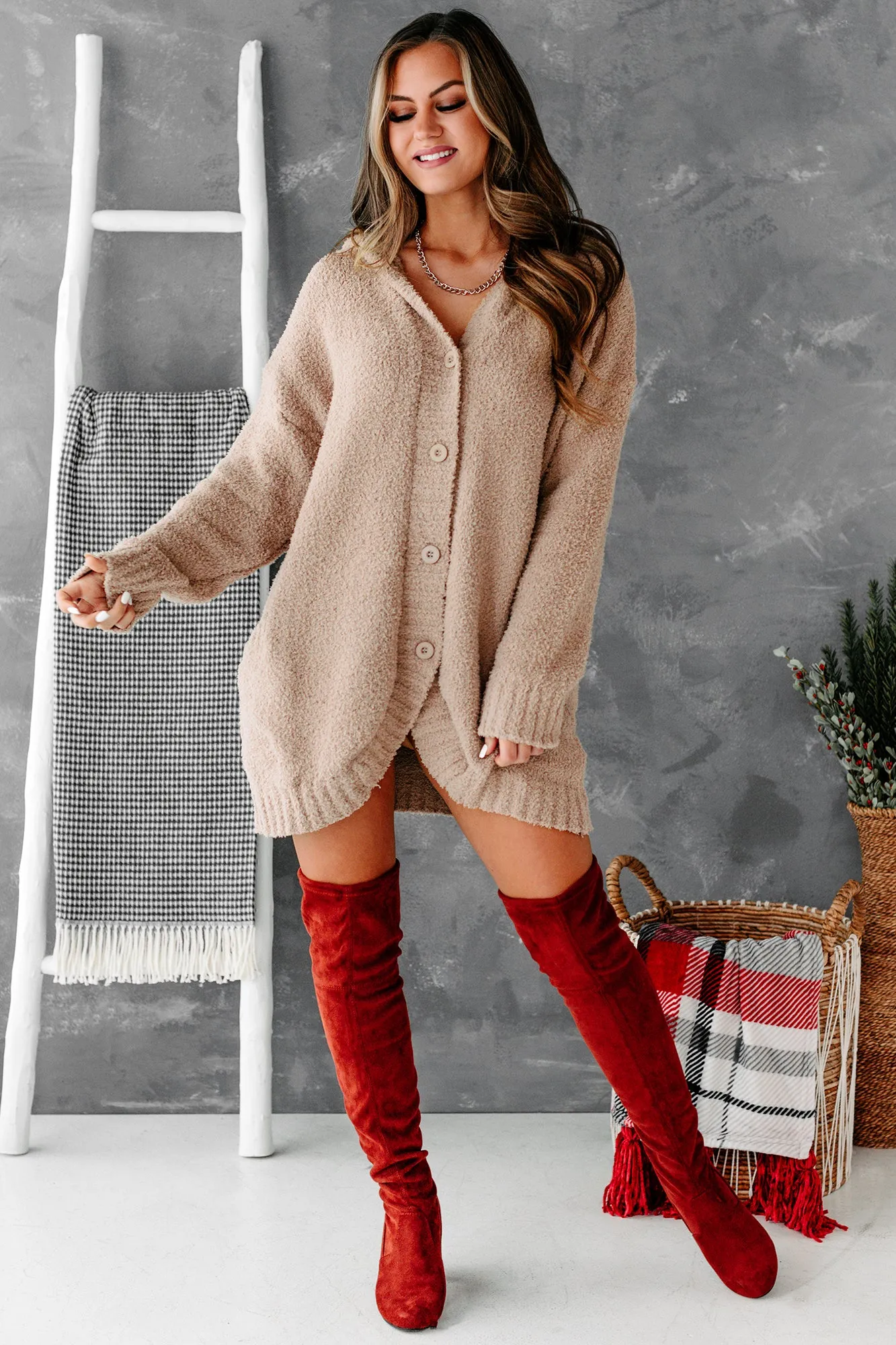 Hold Me Forever Fuzzy Sweater Knit Hooded Cardigan (Mocha)