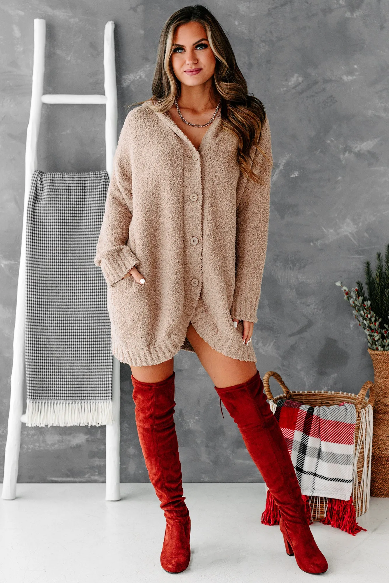 Hold Me Forever Fuzzy Sweater Knit Hooded Cardigan (Mocha)