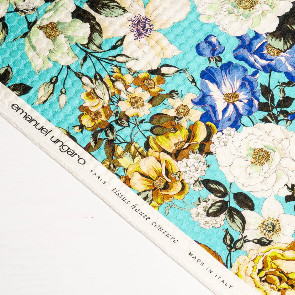 Ivory & Yellow Floral Printed Blue Cotton Blend Cloqué