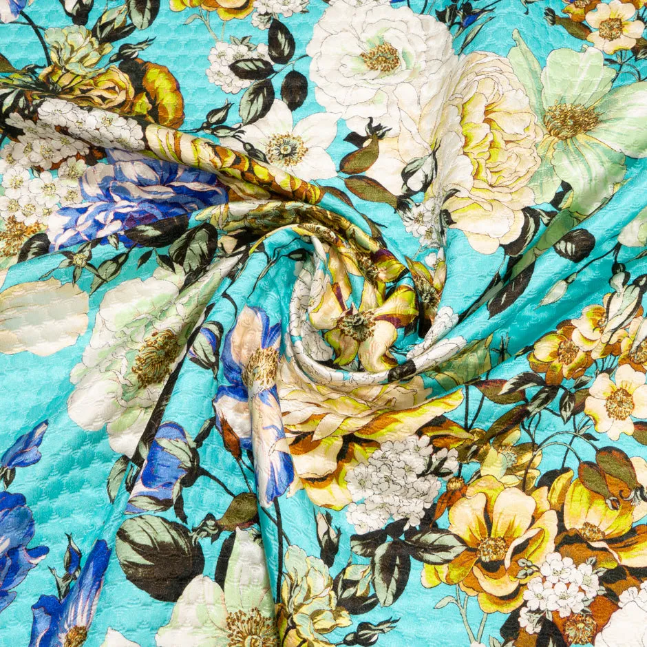 Ivory & Yellow Floral Printed Blue Cotton Blend Cloqué