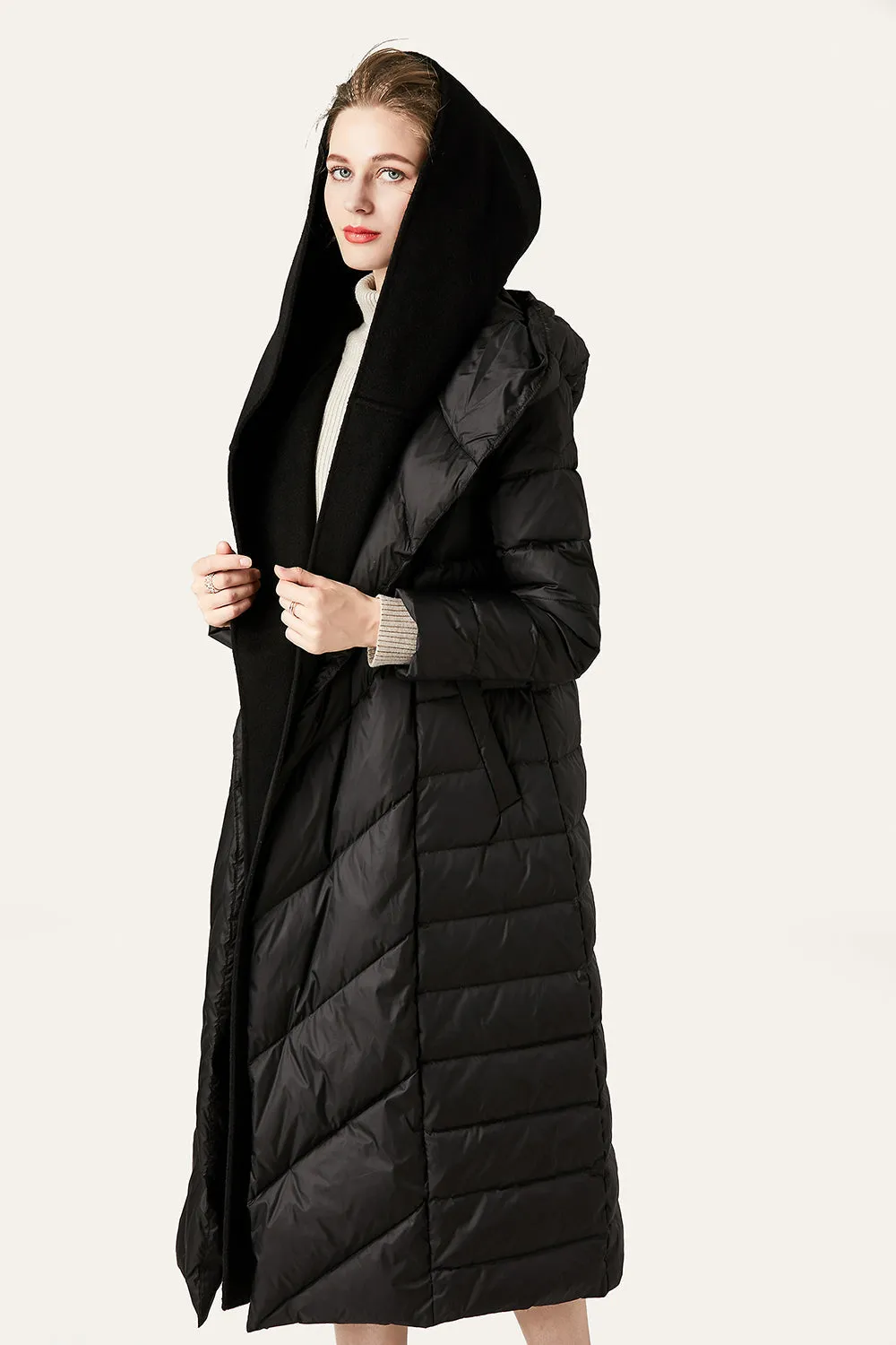 Ivory Button Quilted Puffer Jacket with Faux Fur Hood