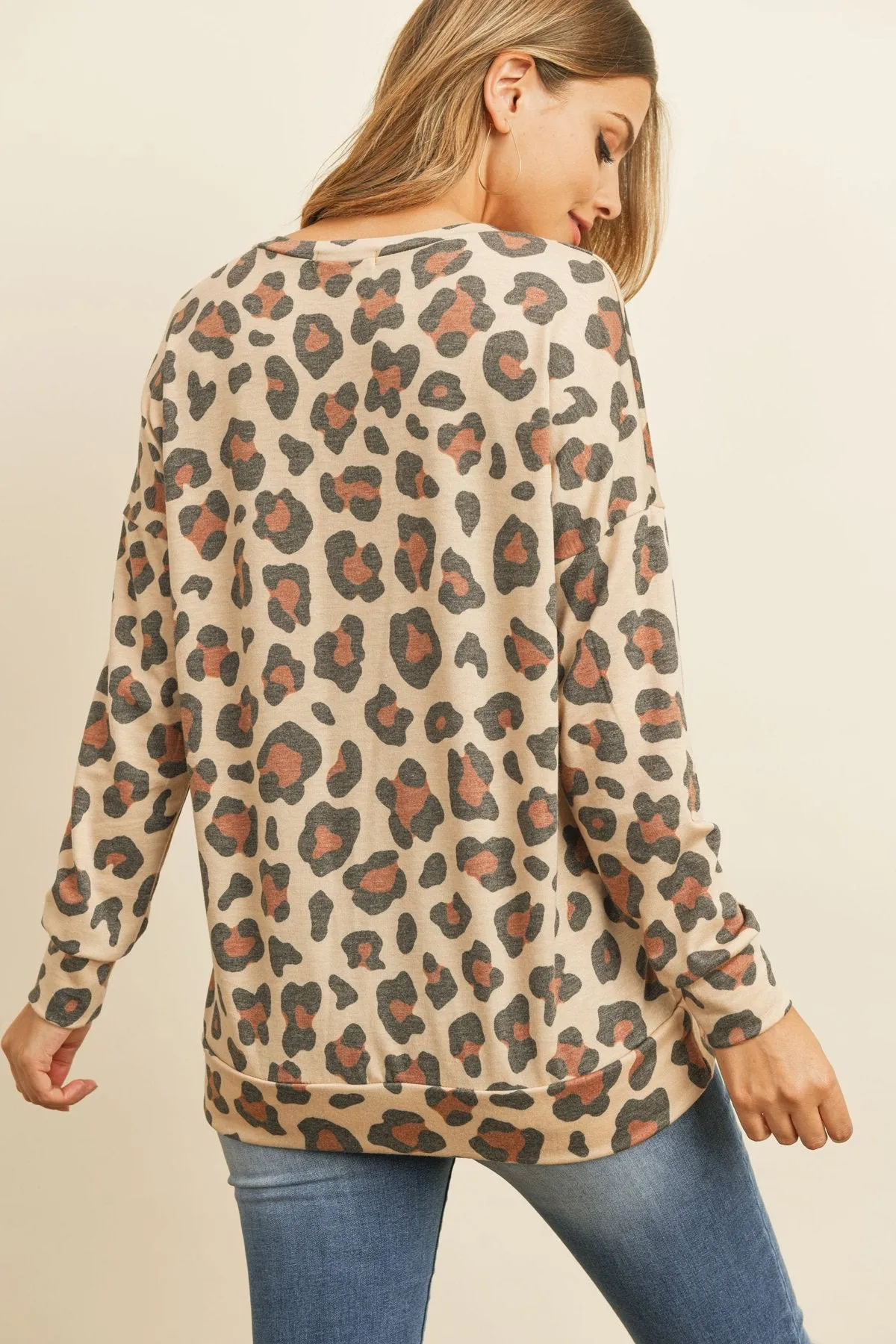 Kangaroo Pocket Long Sleeve Leopard Top