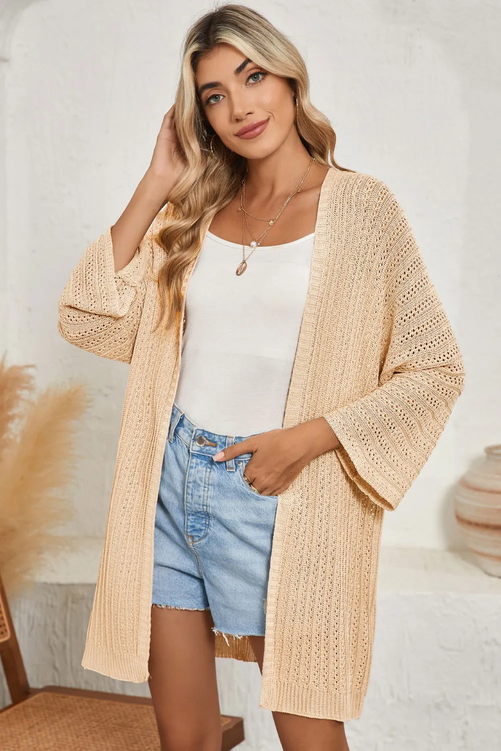 Khaki Hollow-out Bracelet Sleeve Knit Cardigan - Unique Design