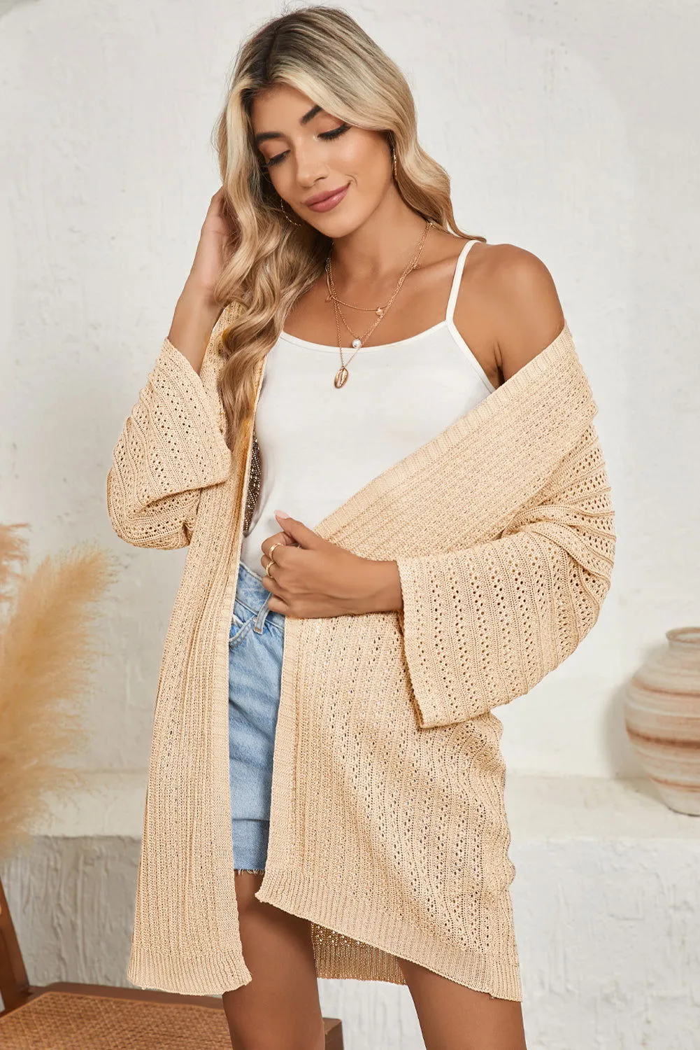 Khaki Hollow-out Bracelet Sleeve Knit Cardigan - Unique Design