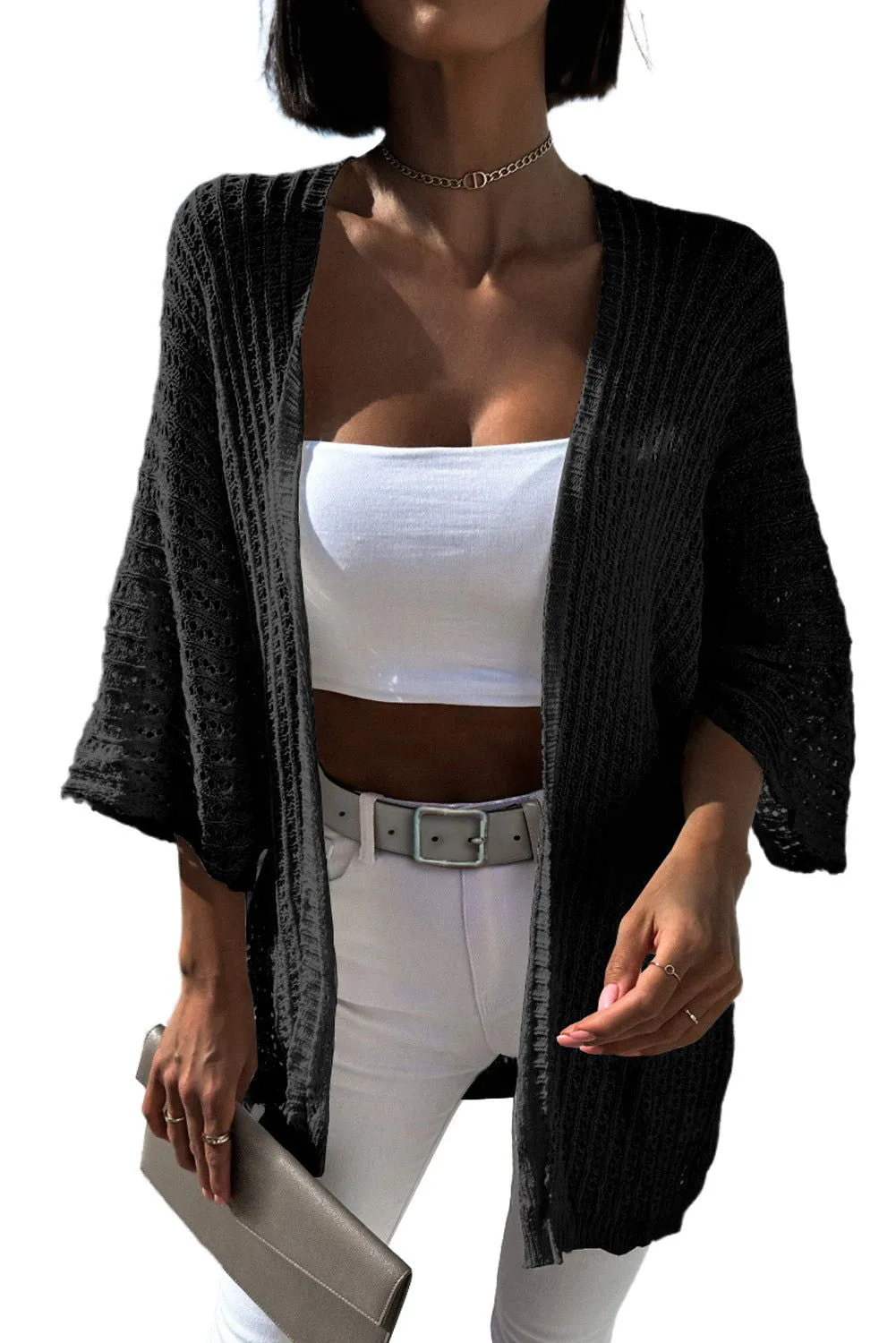 Khaki Hollow-out Bracelet Sleeve Knit Cardigan - Unique Design