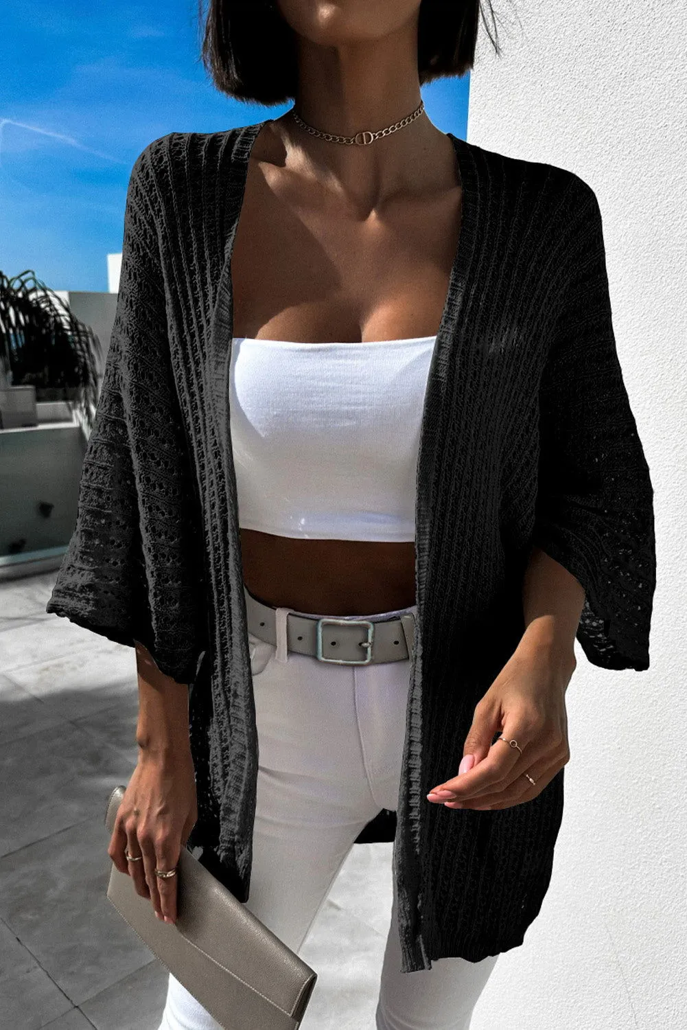 Khaki Hollow-out Bracelet Sleeve Knit Cardigan - Unique Design