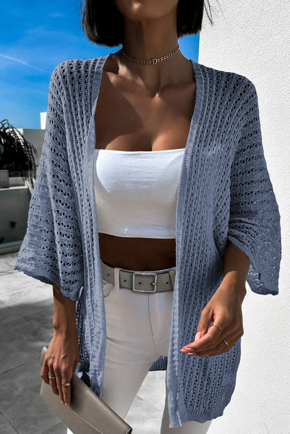 Khaki Hollow-out Bracelet Sleeve Knit Cardigan - Unique Design