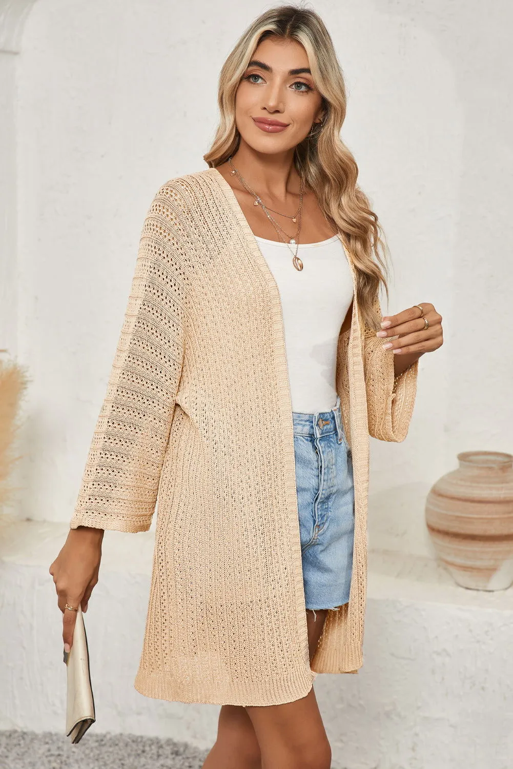 Khaki Hollow-out Bracelet Sleeve Knit Cardigan - Unique Design