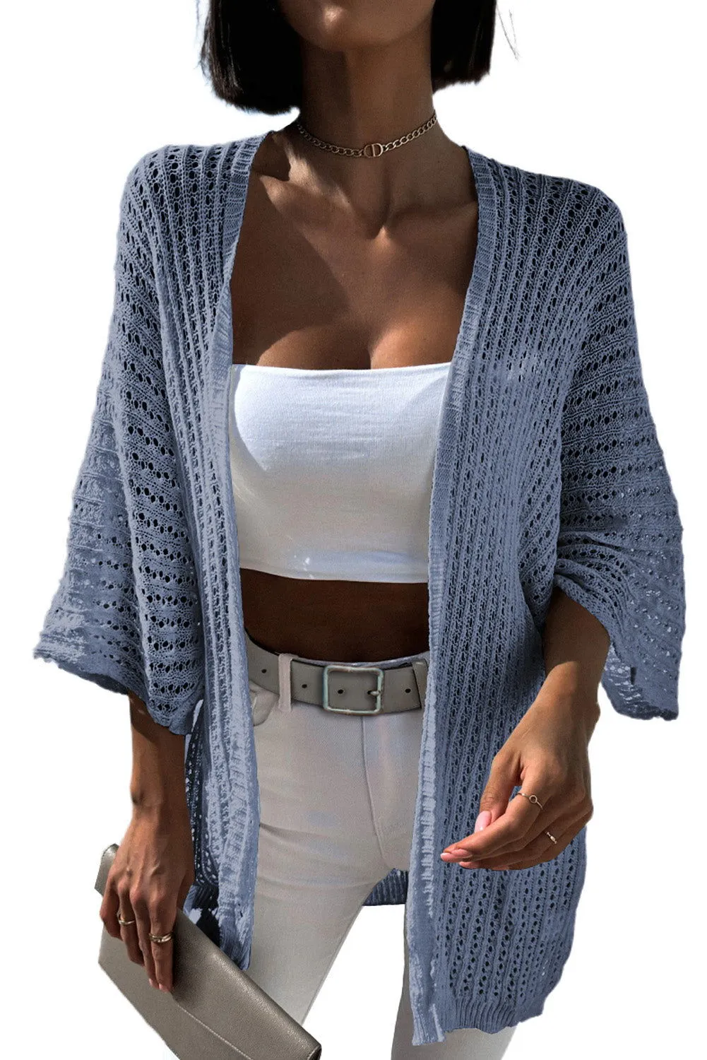 Khaki Hollow-out Bracelet Sleeve Knit Cardigan - Unique Design