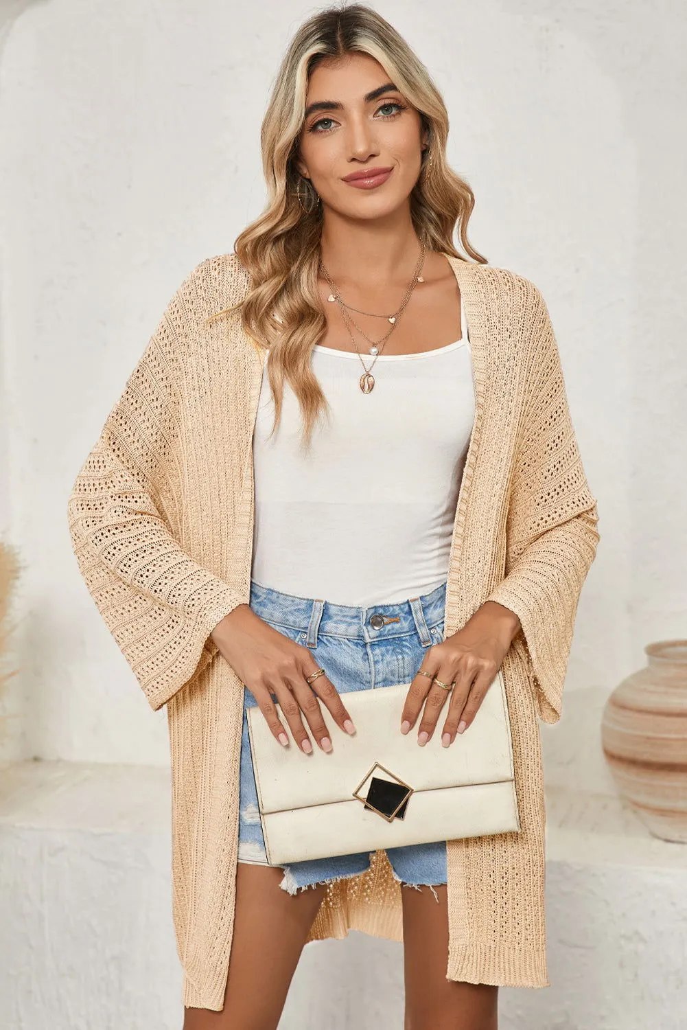 Khaki Hollow-out Bracelet Sleeve Knit Cardigan - Unique Design