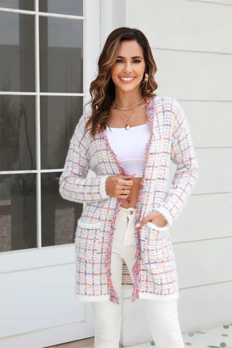 Long Plaid Fringy Trim Cardigan