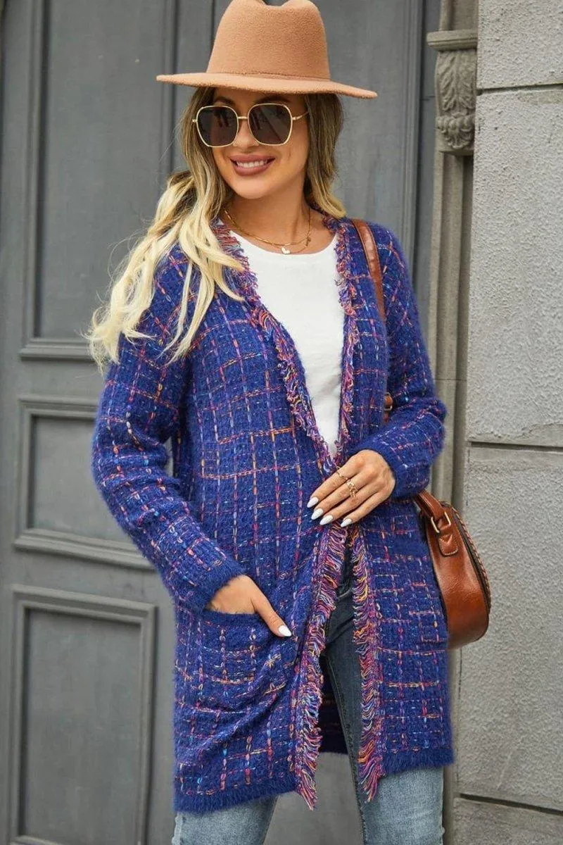 Long Plaid Fringy Trim Cardigan