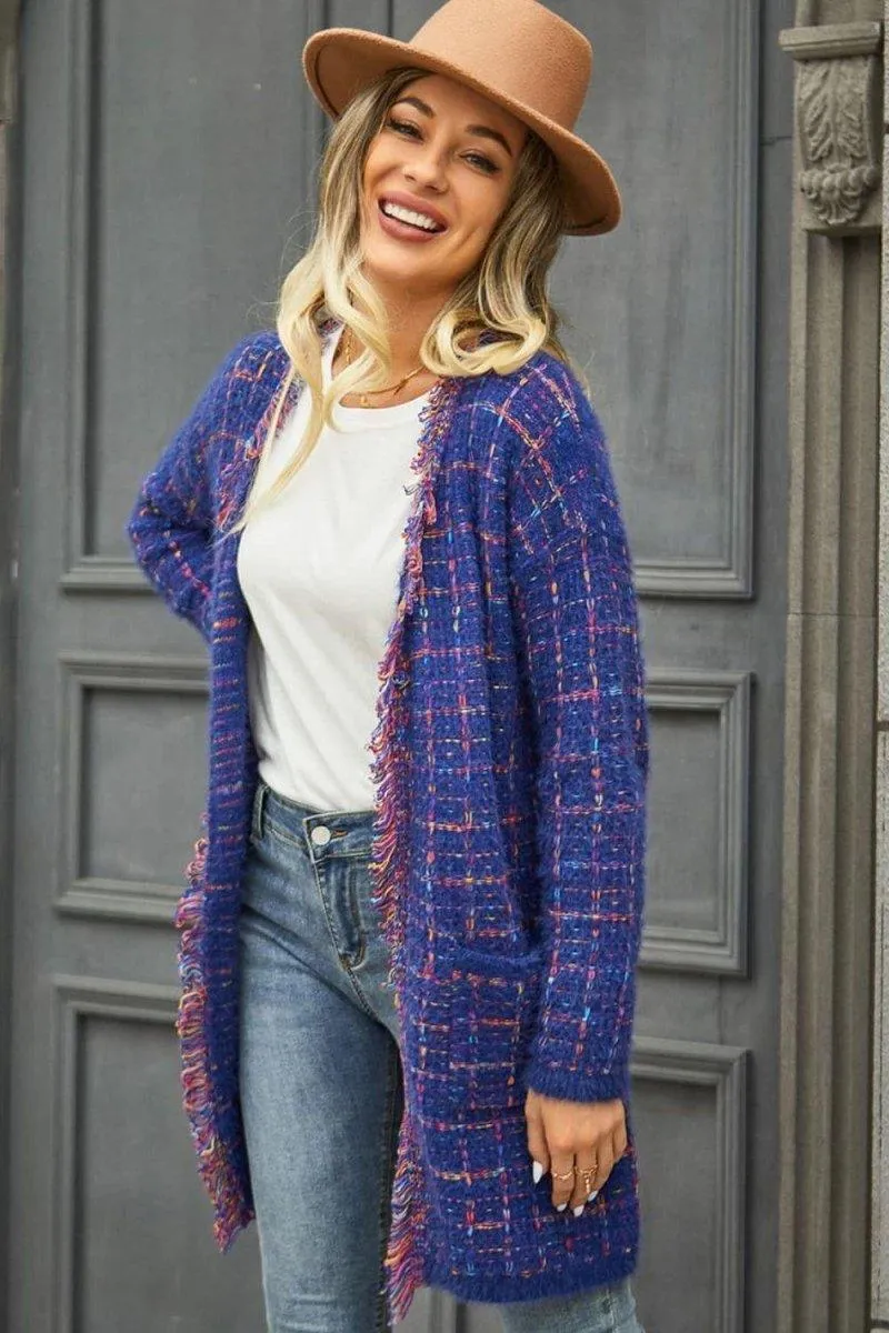 Long Plaid Fringy Trim Cardigan