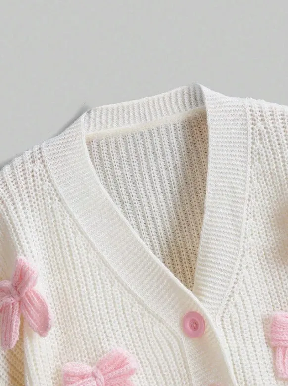 Luxury Pink Three-Dimensional Bow Minimalist Cardigan