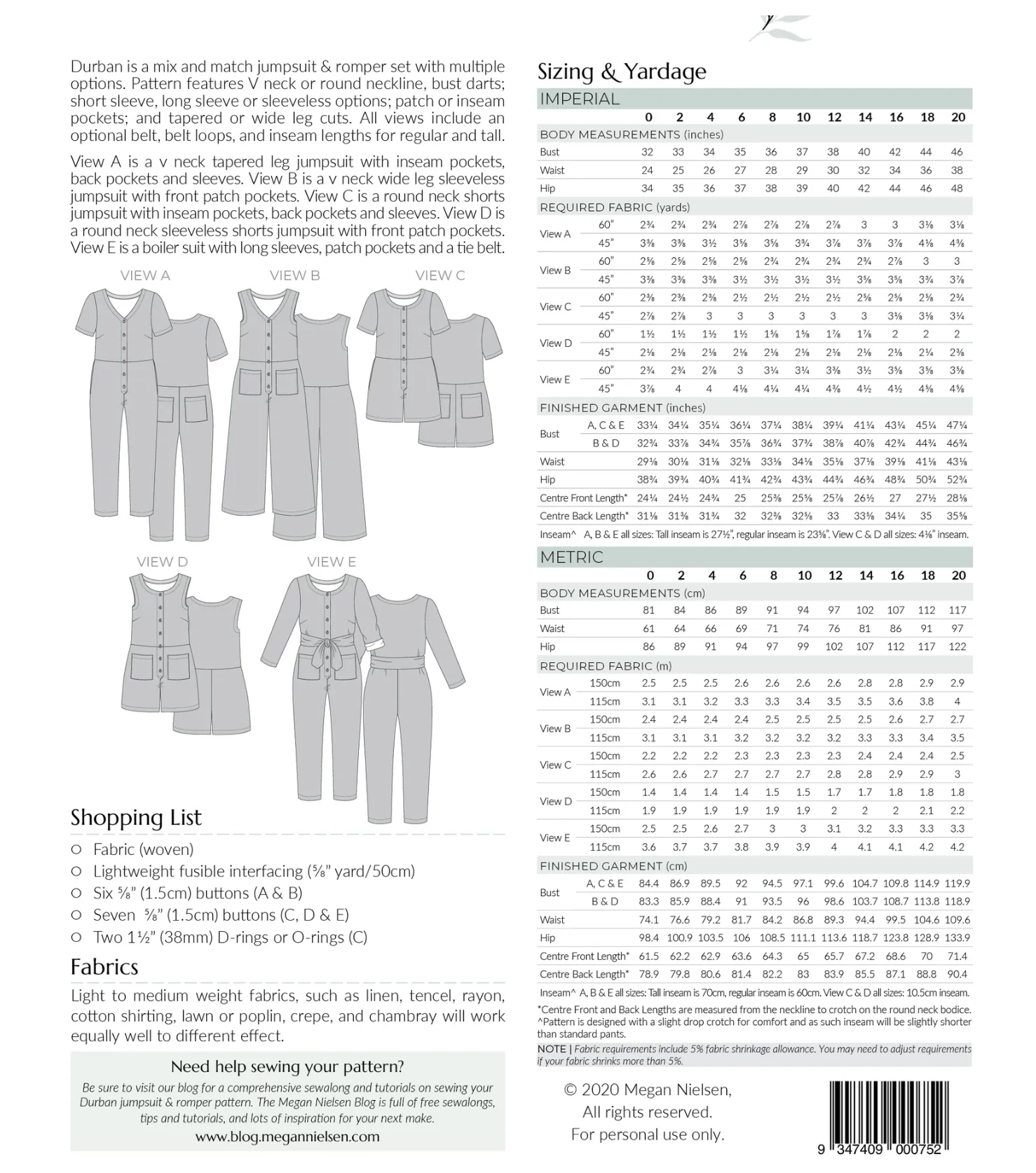 Megan Nielsen Durban Jumpsuit and Romper Paper Pattern