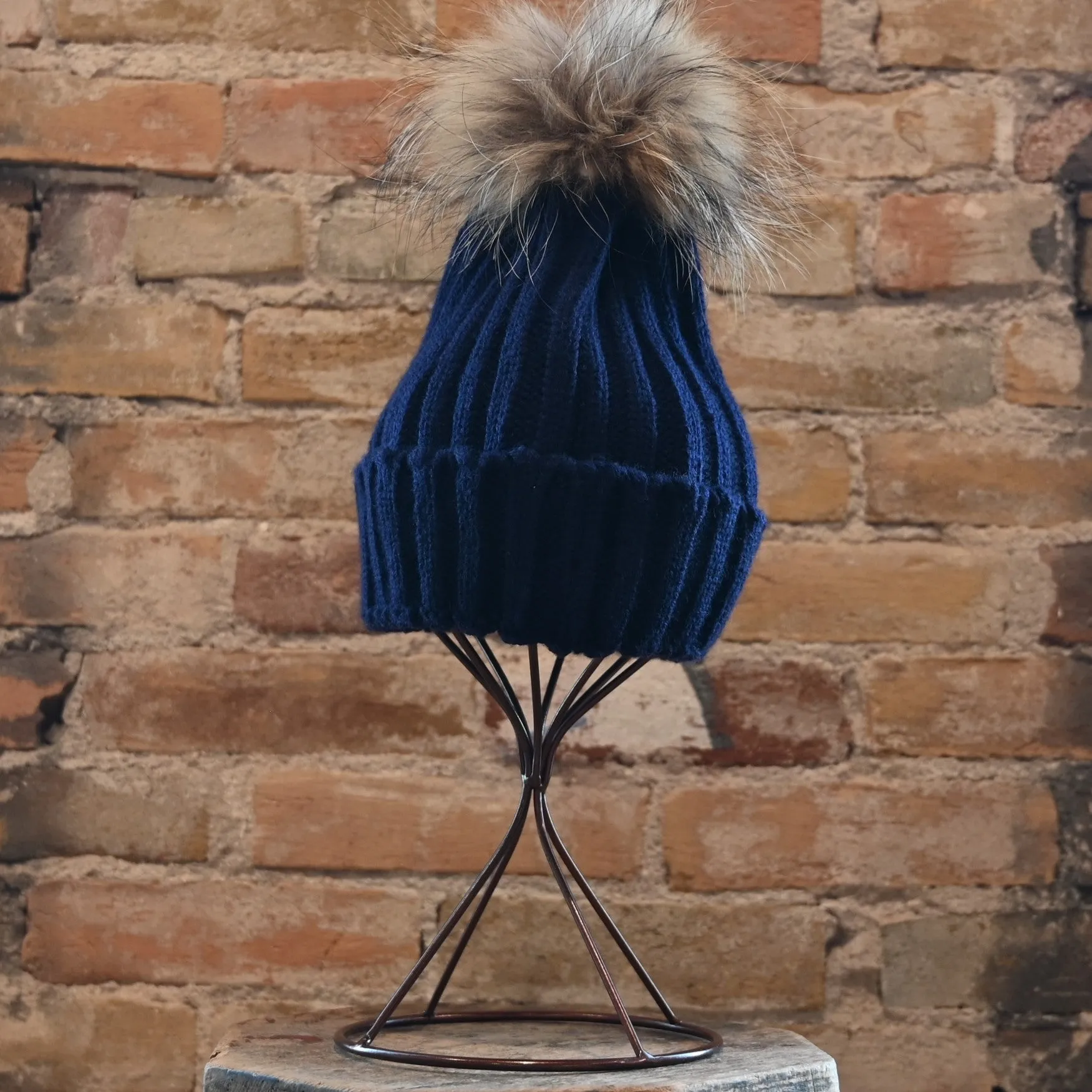 Morris Kaye Knitted Beanie with Detachable fur Pom Pom